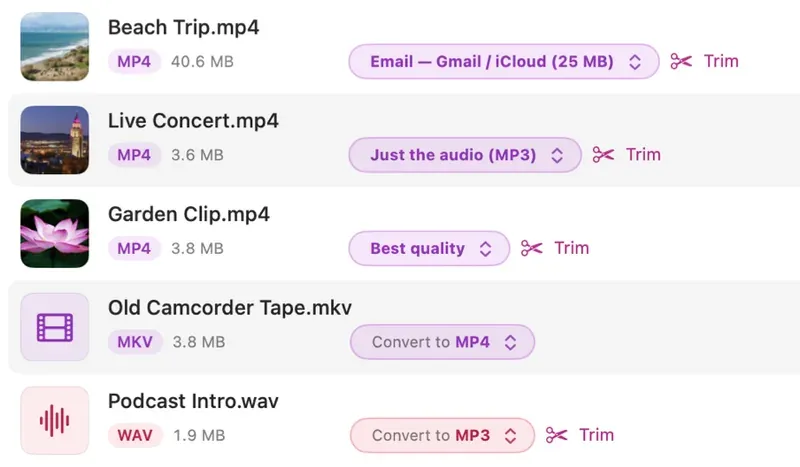Zumkor on a Mac: Beach Trip.mp4 set to “Email — Gmail / iCloud (25 MB)”, Live Concert.mp4 set to “Just the audio (MP3)”, Garden Clip.mp4 set to “Best quality”, Old Camcorder Tape.mkv set to Convert to MP4 and Podcast Intro.wav set to Convert to MP3, most rows with a Trim button.